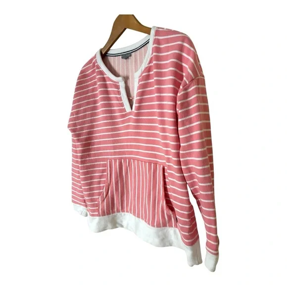 T by Talbots Pink Cream Striped Kangaroo Pocket Sweatshirt Large - Picture 3 of 8